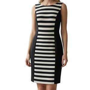 NAF NAF Gorgeous Black‎ Satin Trim Striped Dress Tie Neck Lined EUC Size 8